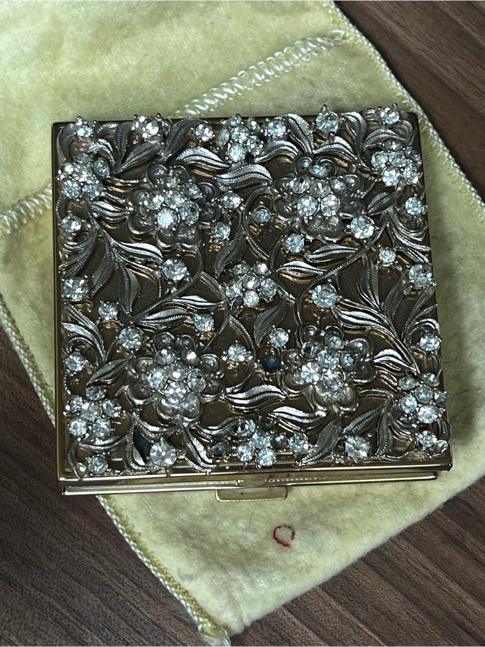 Vintage Evan’s Gold Silver Floral Crystal Accent Powder Compact Mirror -